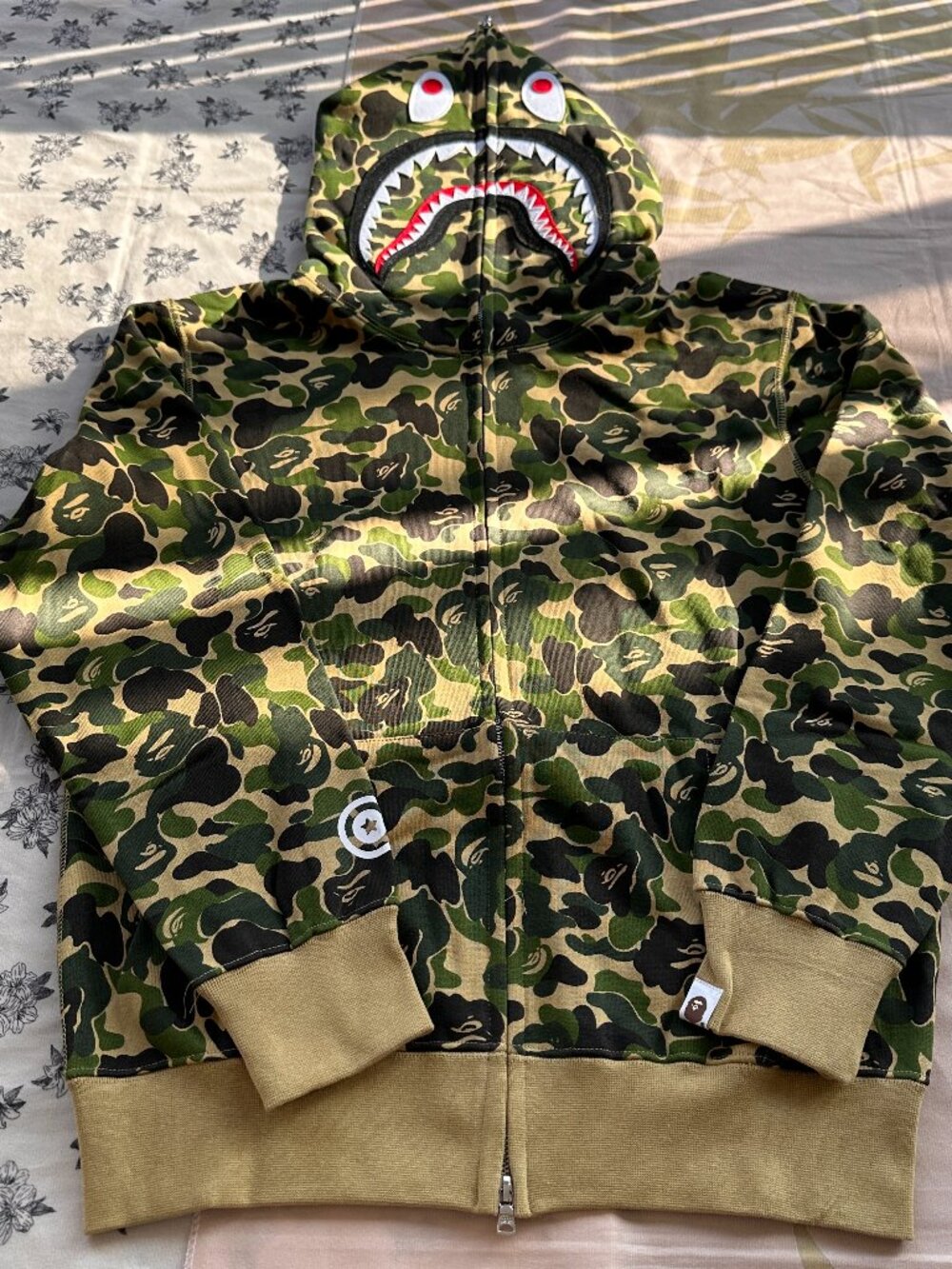 Bape (Bathing Ape) Green Camouflage Double Hooded Shark Zip-Up Hoodie